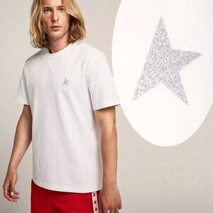 Golden Goose White Cotton T-shirt with Star in Silver Glitter on the front Sz Sm
